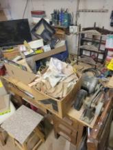 Work Desk Contents - Sears 9.5 Vise, Model Kits, Wood Hardware, Stools, & more