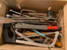 Box of Assorted Hammers, Saws, & Socket Attachments