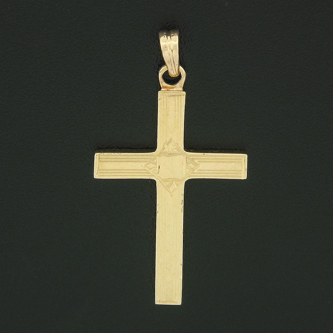 Petite Antique 14K Yellow Gold Hand Engraved Simple Puffed Square Cross Pendant