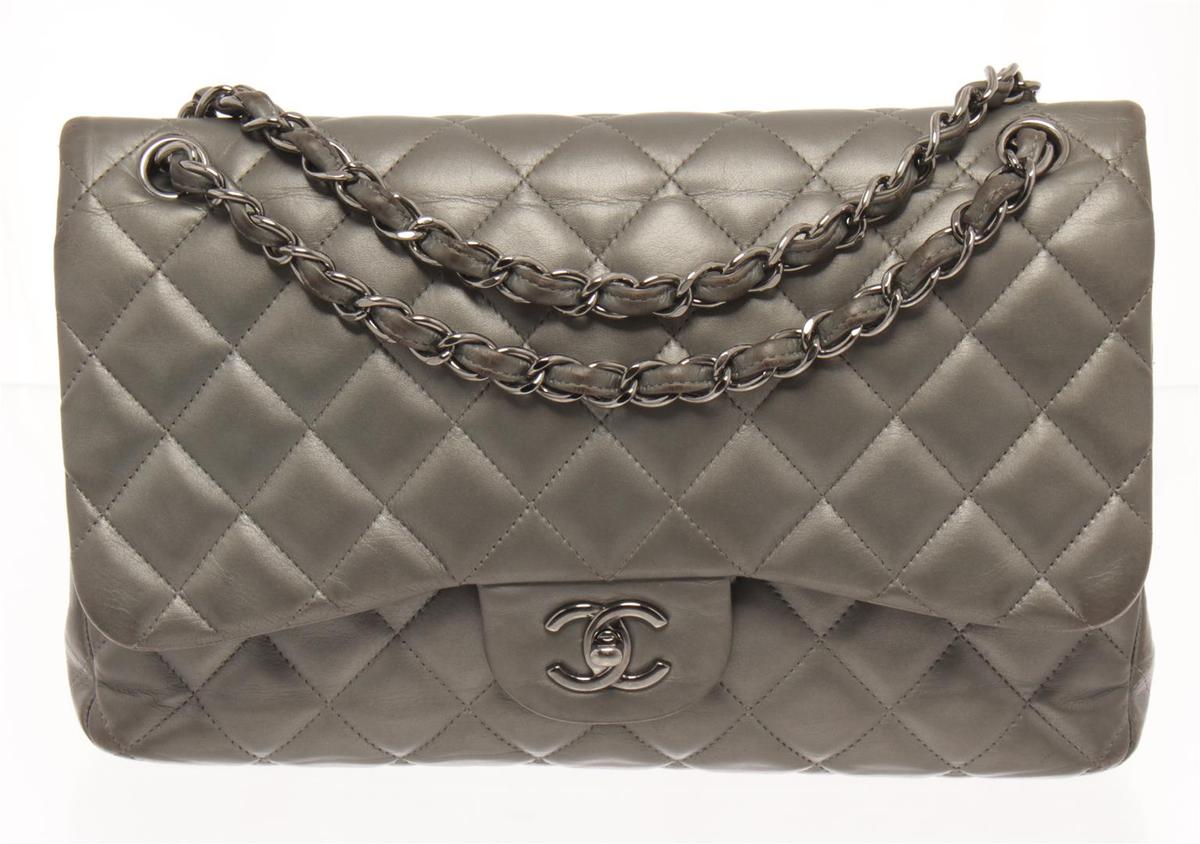 Chanel Grey Leather Large Double Flap Shoulder Bag