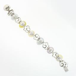 18k White Gold 3 ctw Diamond Open Flower Link & Multicolor Baroque Pearl Bracele