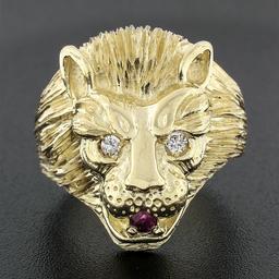Men's Vintage Heavy 14k Gold .17 ctw Ruby Diamond Eyes Textured 3D Lion Head Rin