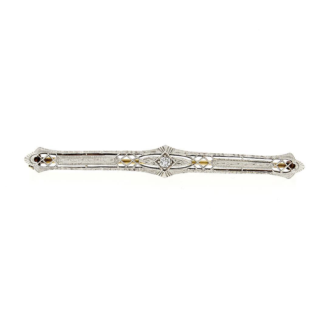 Antique Krementz Edwardian Platinum Top 14k Gold Diamond Etched Bar Pin Brooch