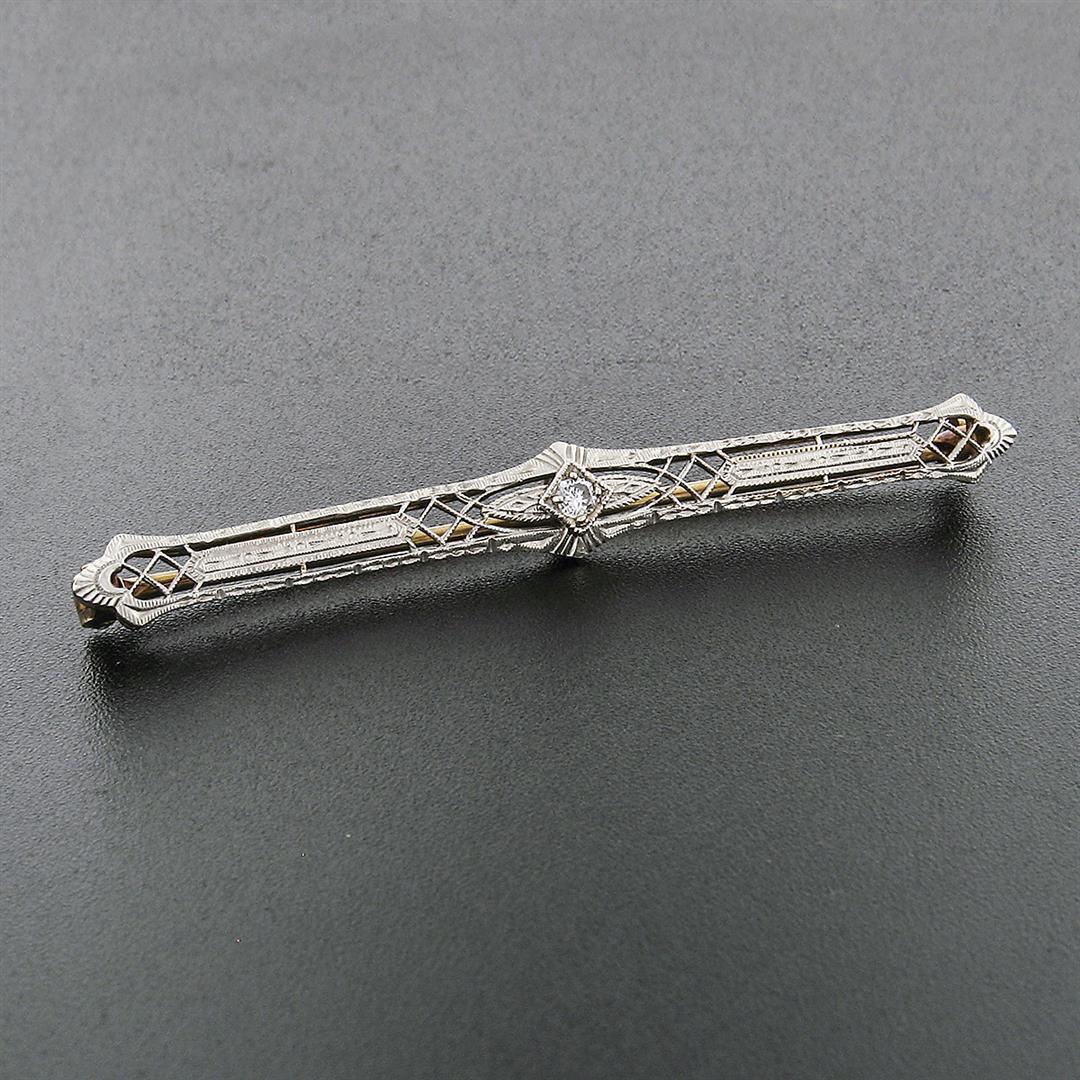 Antique Krementz Edwardian Platinum Top 14k Gold Diamond Etched Bar Pin Brooch