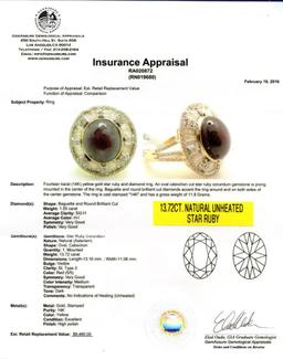 13.72 ctw UNHEATED Star Ruby and 1.55 ctw Diamond 14K Yellow Gold Ring