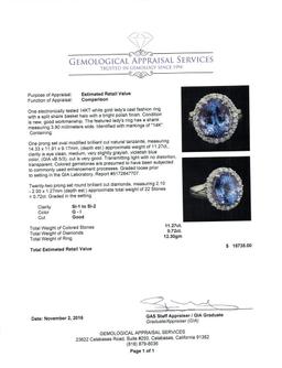 GIA Cert 11.27 ctw Tanzanite and Diamond Ring - 14KT White Gold