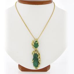 Vintage 18k Gold GIA Carved Emerald & Diamond Textured Dangle Pendant Necklace