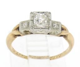 Antique Victorian 14k Two Tone Gold Cushion Old Mine Cut Diamonds 3 Stone Ring