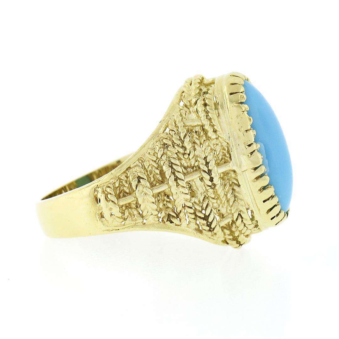 Estate Italian 18k Gold Oval Cabochon Cut Turquoise Solitaire Braided Cigar Ring