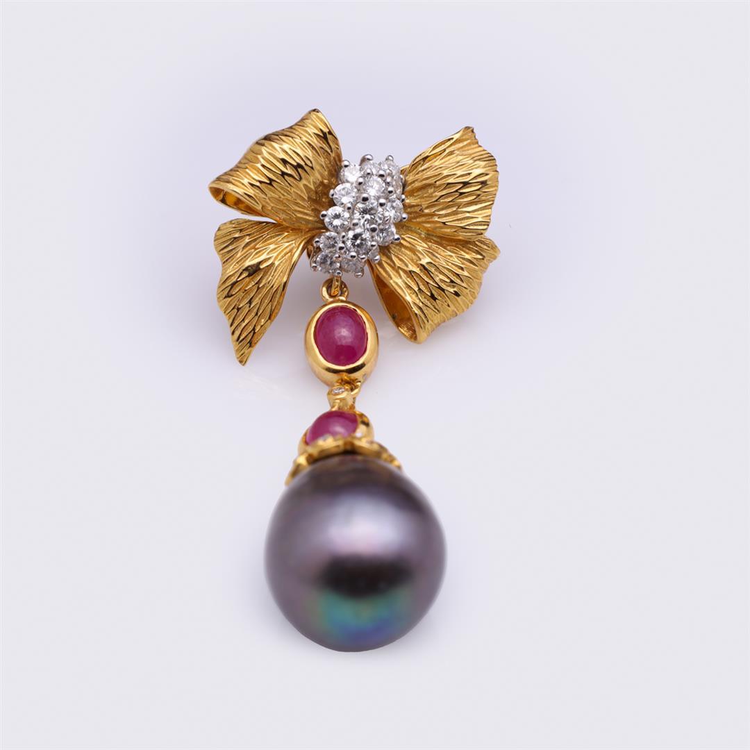 Pair 18K Yellow Gold, Ruby, Diamond & Pearl Earrings by Carlo Rici