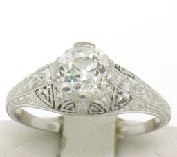 Antique Art Deco Platinum 1.30 ctw GIA Diamond Etched Filigree Engagement Ring