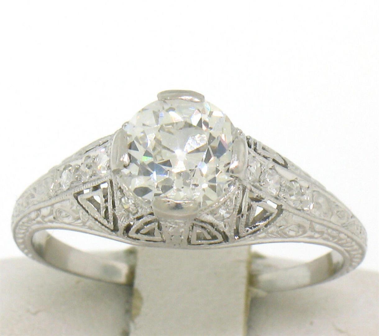 Antique Art Deco Platinum 1.30 ctw GIA Diamond Etched Filigree Engagement Ring