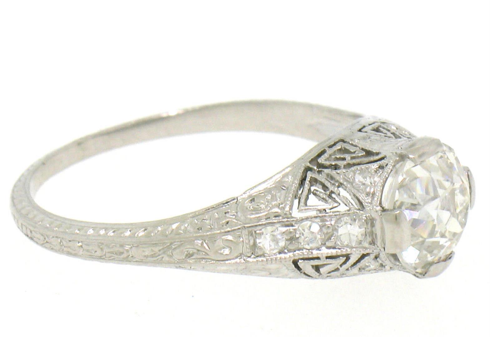 Antique Art Deco Platinum 1.30 ctw GIA Diamond Etched Filigree Engagement Ring