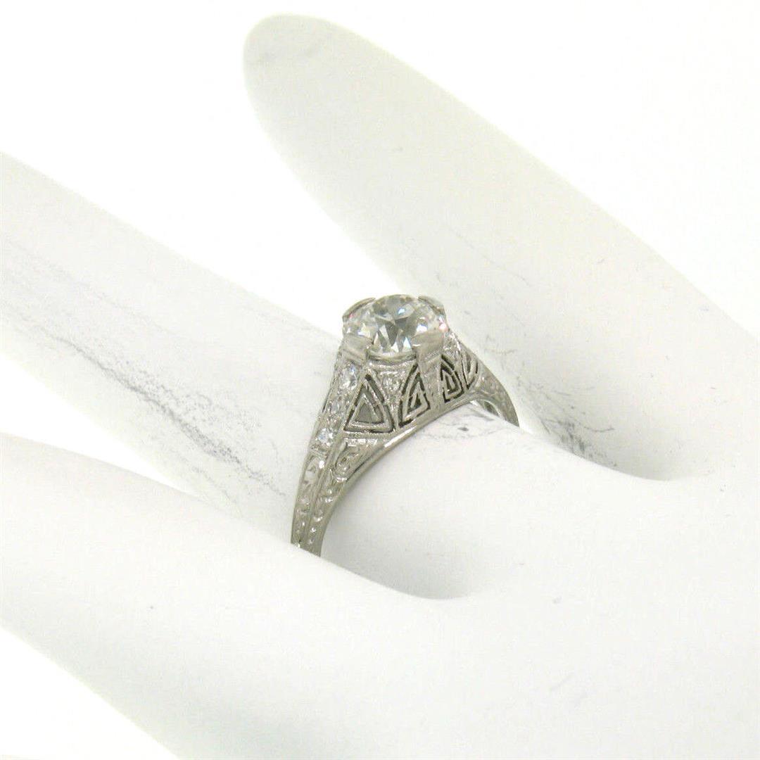 Antique Art Deco Platinum 1.30 ctw GIA Diamond Etched Filigree Engagement Ring