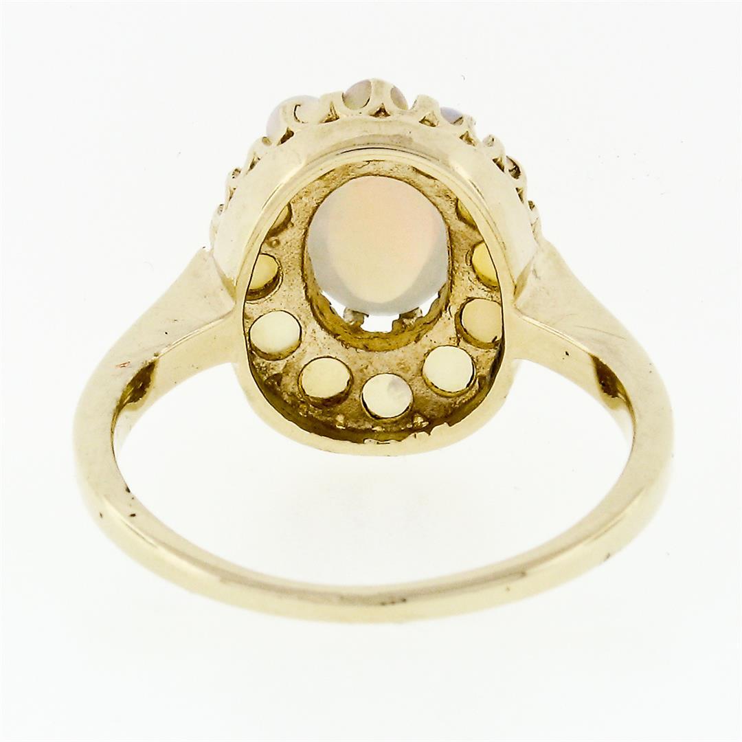 Vintage 14K Gold FINE Oval Cabochon Solitaire & Bead Ball Halo Opal Cluster Ring