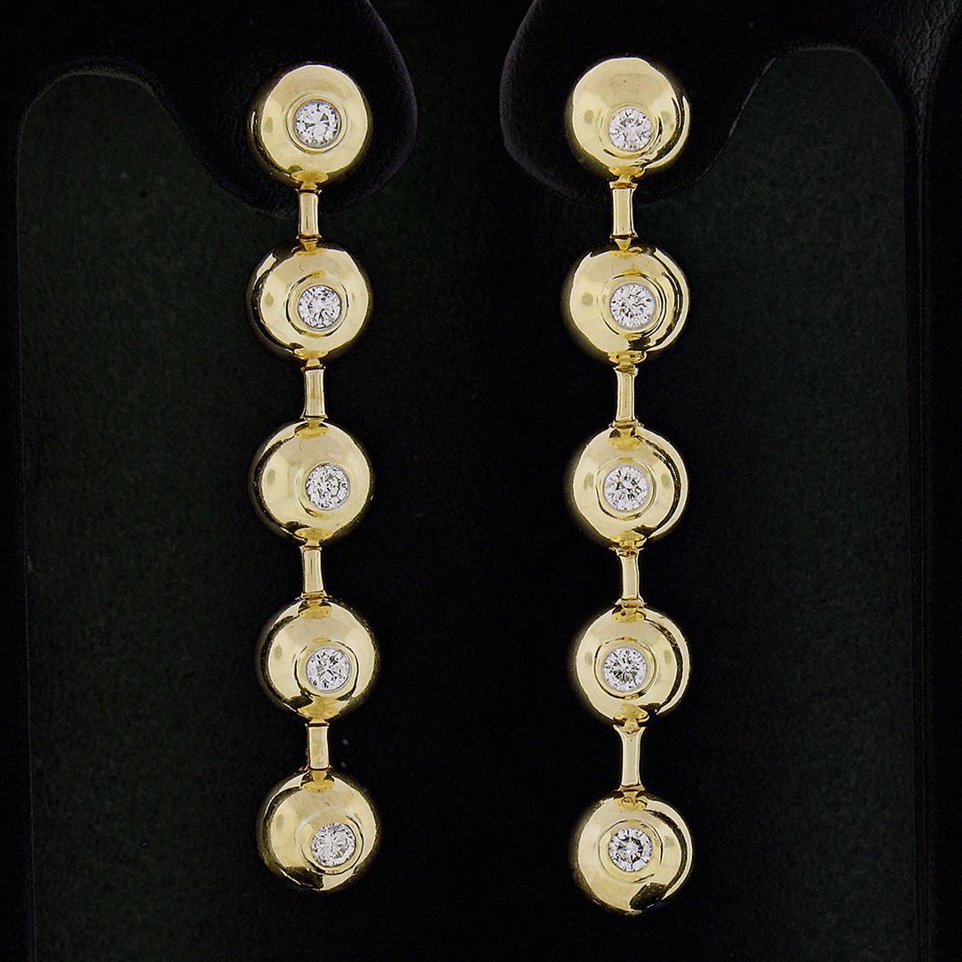 Vintage 14K Gold.6 ctw Bezel Diamond Polished Bead Ball Long Drop Dangle Earring