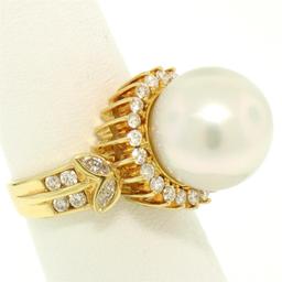 18K Yellow Gold LARGE 13.3mm South Sea Pearl Ring w/ Marquise & Round Diamonds