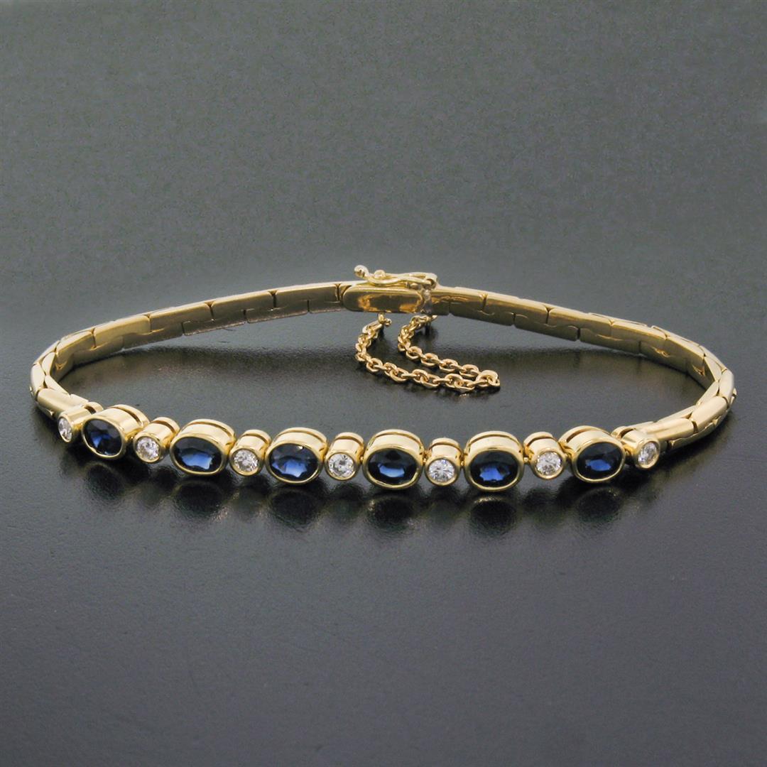 18K Yellow Gold 2.60 ctw Alternating Oval Sapphire Round Diamond Chain Bracelet