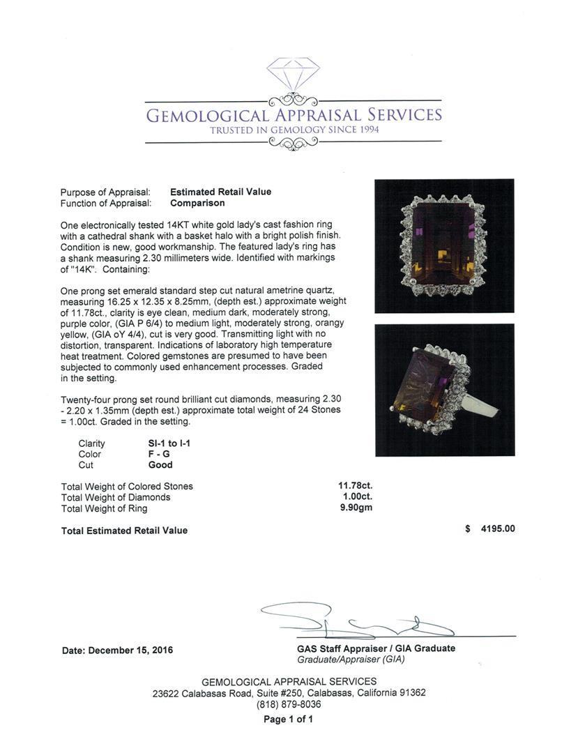 11.78 ctw Ametrine Quartz and Diamond Ring - 14KT White Gold