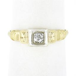 Antique 14k TT Gold 0.10 ctw Old Mine Cut Diamond Solitaire Petite Promise Ring