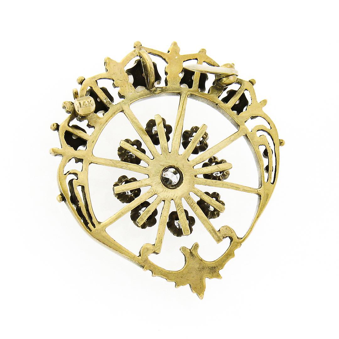 Vintage Victorian Revival 14k Gold Diamond & Pearl Crescent Brooch Pin Pendant
