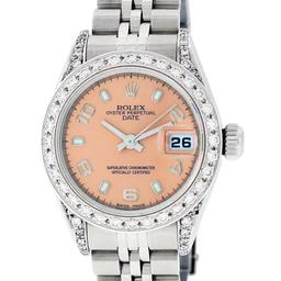 Rolex Ladies Stainless Steel Quickset Salmon Dial Diamond Lugs Date Wristwatch