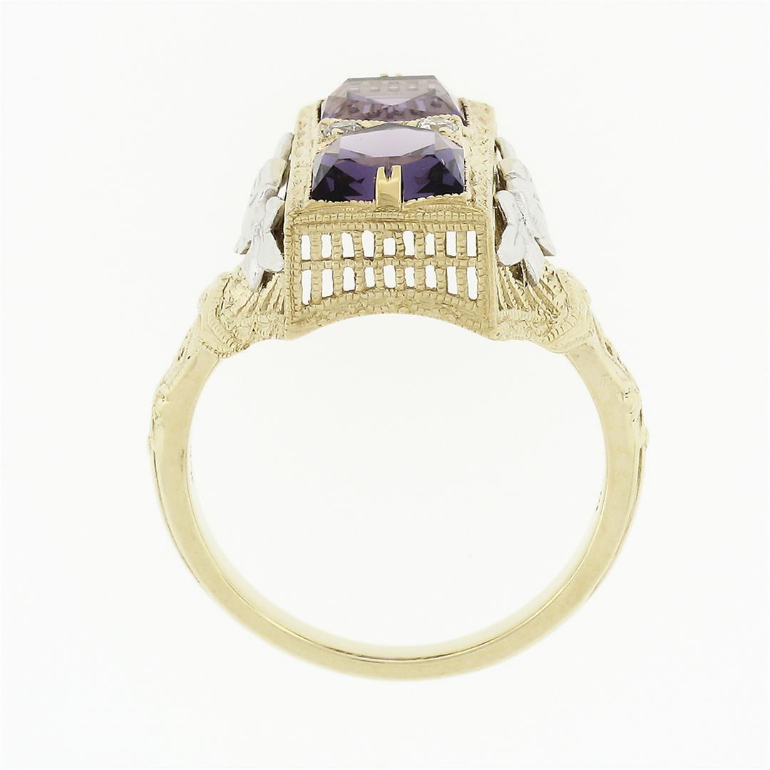 14K Two Tone Gold 1.80 ctw Amethyst Diamond Filigree Milgrain Etched Cocktail Ri