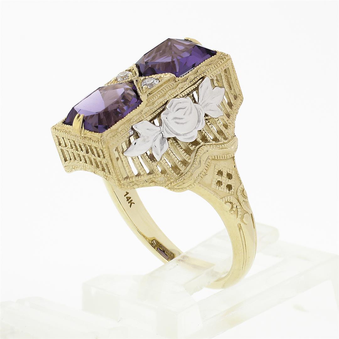 14K Two Tone Gold 1.80 ctw Amethyst Diamond Filigree Milgrain Etched Cocktail Ri