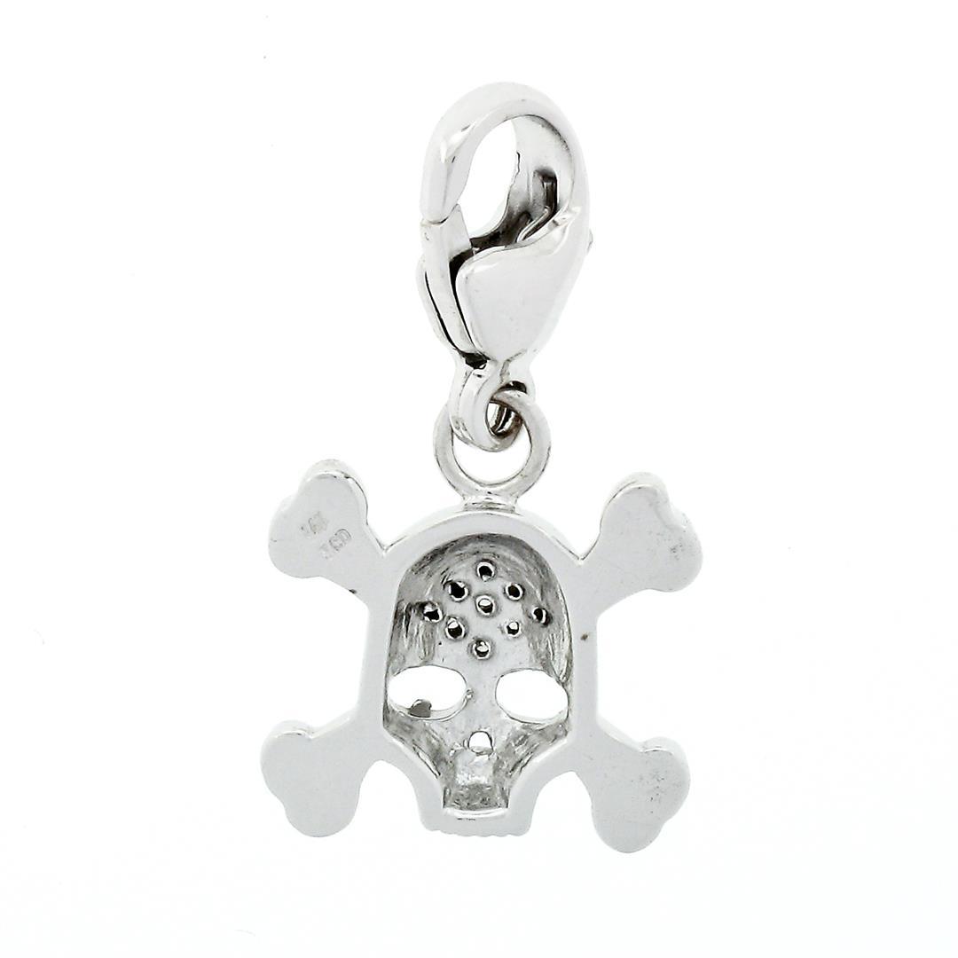 14k White Gold 0.12 ctw Diamond Skull & Crossbones Charm Pendant w/ Lobster Clas