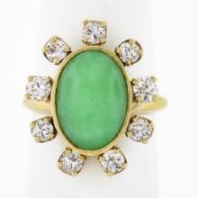 Vintage 14k Gold Oval Cabochon Jade & 1.1 ctw European Diamond Halo Cocktail Rin