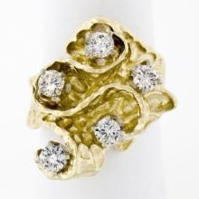 Statement Vintage 18K Yellow Gold 1.03 ctw Diamond Large Wavy Nugget Cocktail Ri