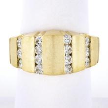 Unisex 14K Gold 0.60 ctw Round Diamond Grooved Channel Brushed Wide Band Ring