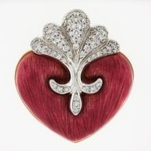 Boris LeBeau 18K TT Gold Deep Pink Enamel w/ Diamond Textured Heart Pin Brooch