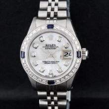 Rolex Ladies Quickset Stainless Steel White Diamond And Sapphire Datejust Wristw