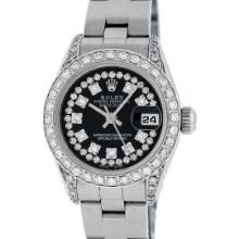 Rolex Ladies Quickset Sapphire Stainless Steel Black Diamond Lugs Datejust Wrist