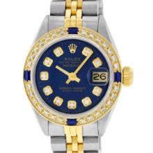 Rolex Ladies Quickset Two Tone Blue Diamond And Sapphire Datejust Wristwatch 26M