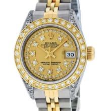 Rolex Ladies Quickset Two Tone Champagne Diamond Lugs Datejust Wristwatch 26MM