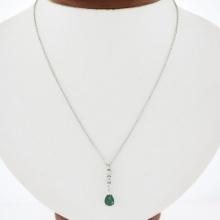 14K White Gold Pear Emerald & Round Diamond Tear Drop Dangle Pendant w/ Chain