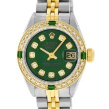 Rolex Ladies Quickset Two Tone Green Diamond And Emerald Datejust Wristwatch