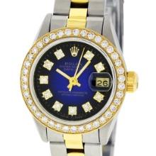 Rolex Ladies Quickset Two Tone Blue Vignette Diamond Datejust Wristwatch 26MM