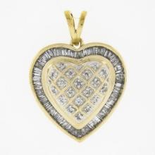 14k Yellow Gold 0.80 ctw Round & Baguette Diamond w/ Domed Center Heart Pendant