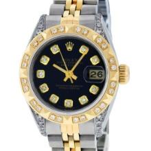 Rolex Ladies Quickset Two Tone Black Pyramid Diamond Datejust 26MM