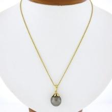 14K Yellow Gold 11.8mm Tahitian Gray Pearl Solitaire Pendant 16" Chain Necklace