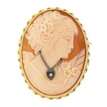 Vintage 14k Gold Carved Shell Cameo w/ Necklace & Twisted Wire Frame Pin Brooch