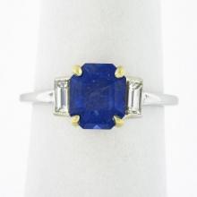 New 18K TT Gold GIA Ceylon Sapphire & Baguette Diamond 3 Stone Engagement Ring