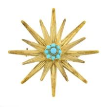 Antique Victorian 18k Gold Handmade Double Star Burst w/ Turquoise Pin Brooch