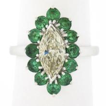 Platinum 2.30 ctw Marquise Light Yellow Diamond w/ Vivid Round Emerald Halo Ring