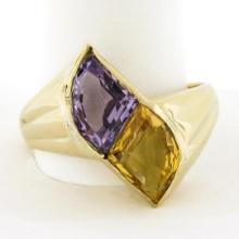 14k Yellow Gold Custom Fan Cut Bezel Citrine & Amethyst Polished Two Stone Ring