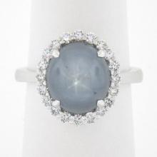 NEW 14k White Gold 7.82 ctw Oval Cabochon Gray Star Sapphire w/ Diamond Halo Rin