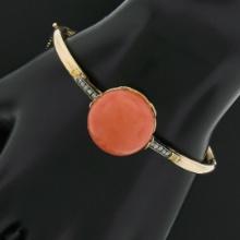 Antique Victorian 14k Gold Silver 18.2mm Coral w/ Diamond Hinged Bangle Bracelet